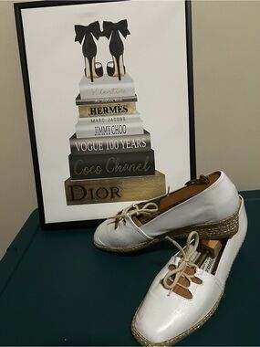 André Assous white leather square toe  wedge espadrilles w/ open lacing, 1970s